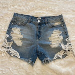 Sneak Peek distressed lace boyfriend jean shorts
